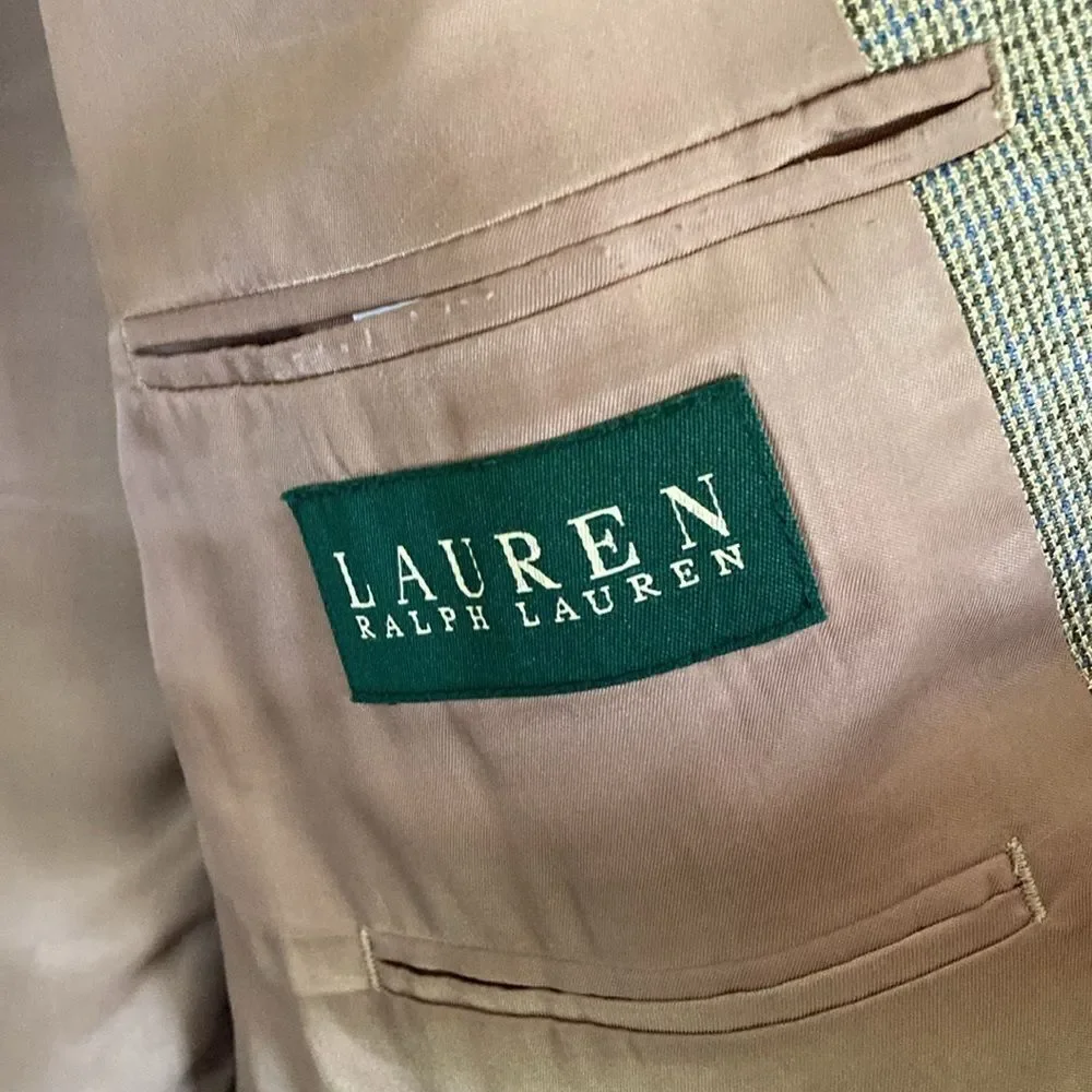 Lauren Ralph Lauren Mens‎ Silk Wool Blend 2 Button Blazer Size 44R Tan Plaid
